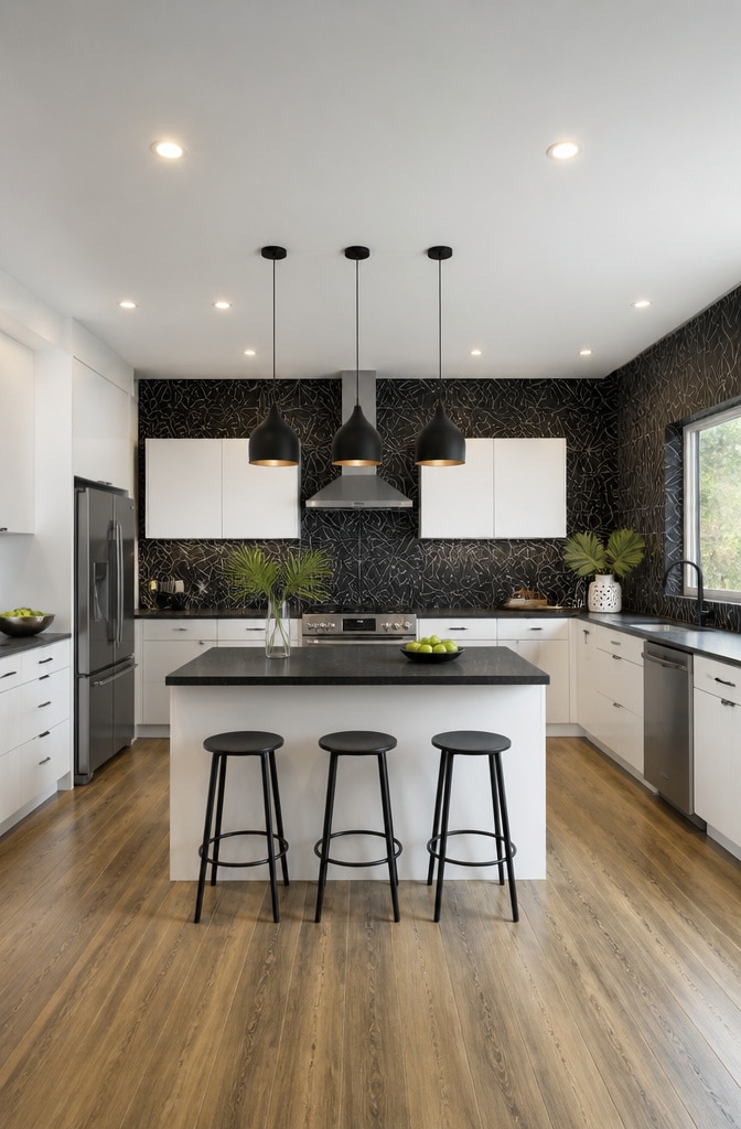 Contemporary Black Geometric Tile Kitchen