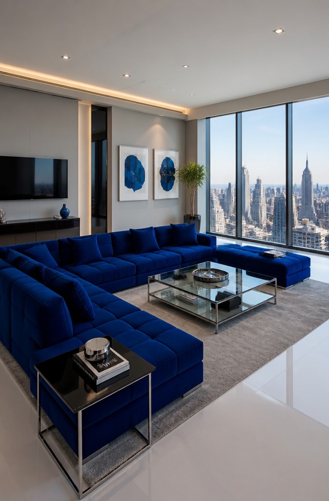 Contemporary Blue and Greige Living Room