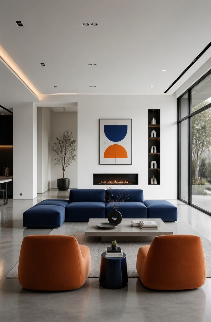 Contemporary Blue and Orange Minimalist Living Room
