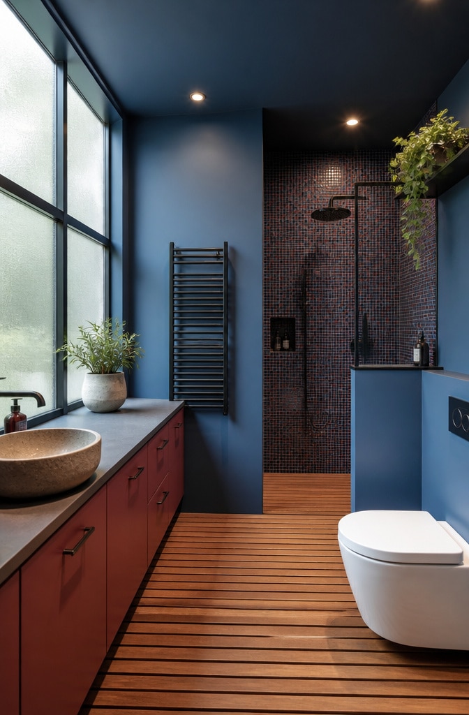 Contemporary Blue and Red Zen Bathroom
