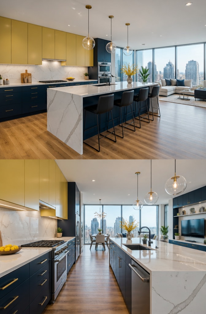 Contemporary Blue and Yellow Open Concept Kitchen