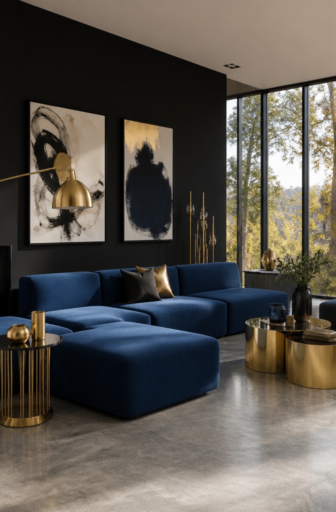 Contemporary Blue Sectional with Metallic Accents