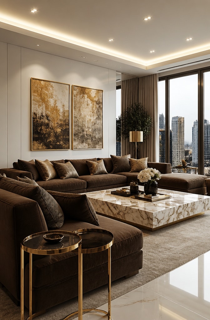Contemporary Brown and Gold Luxe Living Room