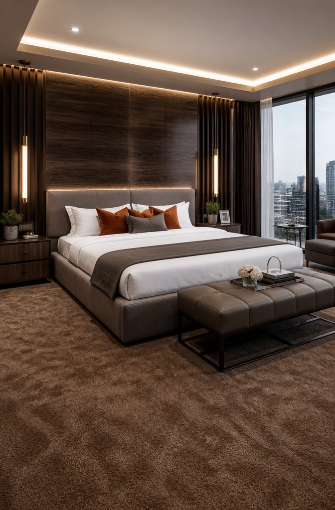 Contemporary Brown Carpet Bedroom with Accent Wall