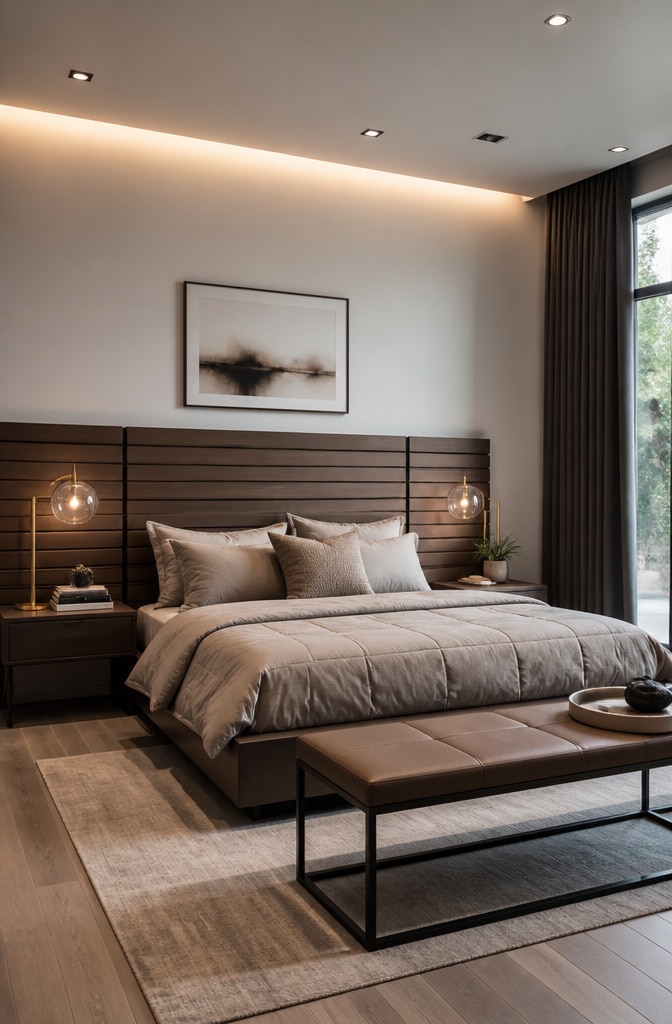 Contemporary Brown Panel Headboard Bedroom