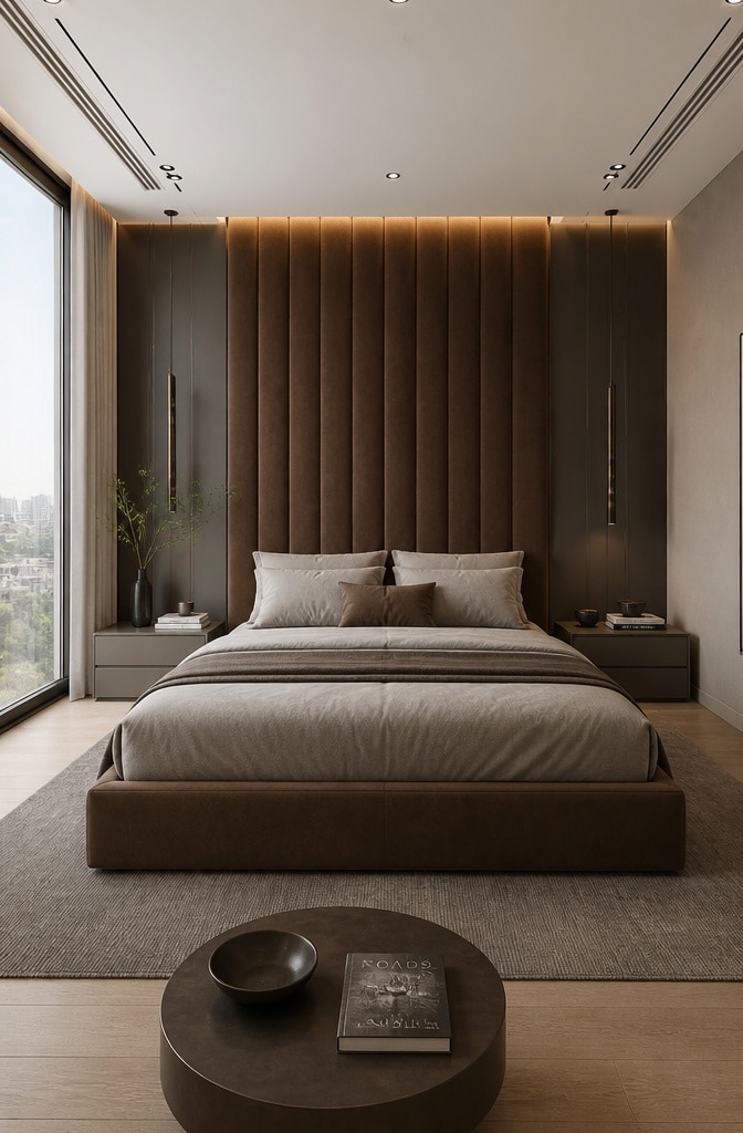 Contemporary Brown Upholstered Headboard Bedroom
