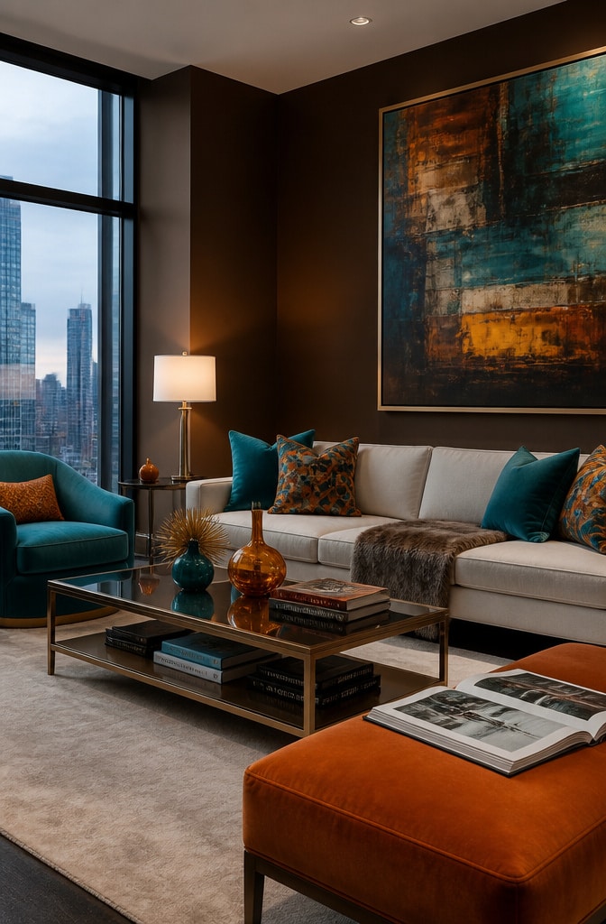 Contemporary Brown Walls Living Room with Bold Accents