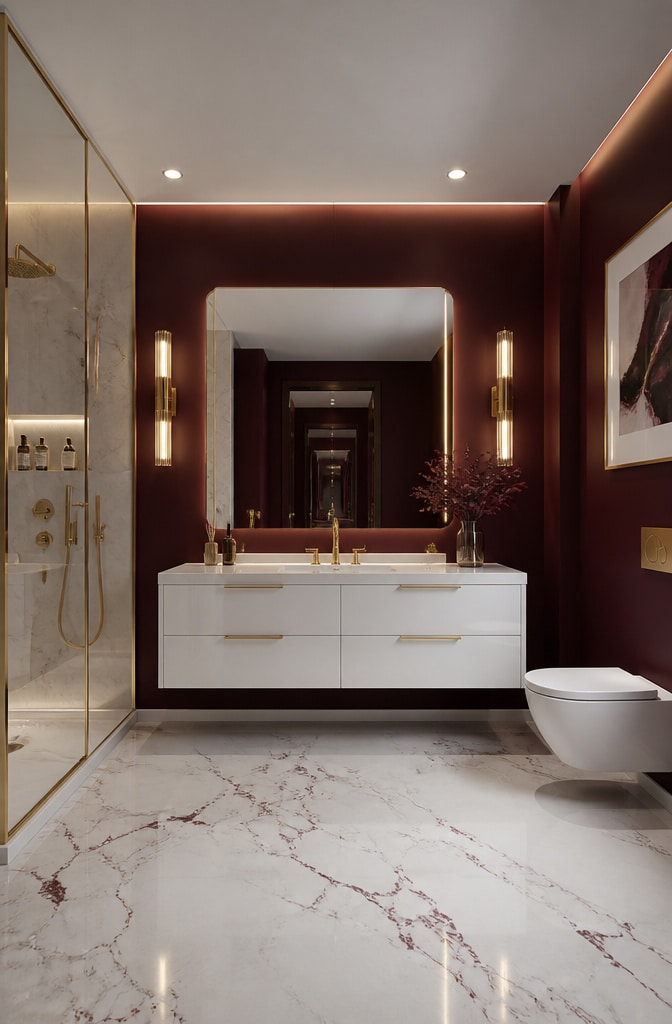 Contemporary Burgundy and Gold Bathroom
