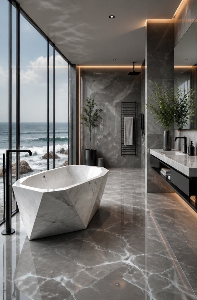 Contemporary Coastal Glass and Stone Spa Bathroom