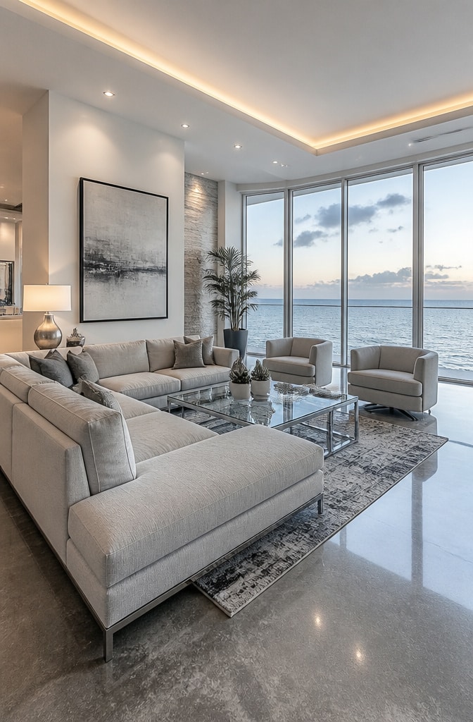 Contemporary Coastal Living Room with Glass and Chrome