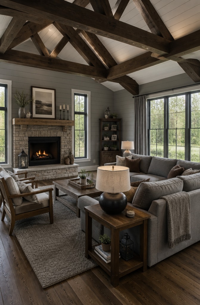 Contemporary Farmhouse Dark Brown and Grey Living Room