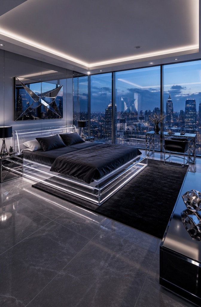 Contemporary Glass and Steel Bedroom