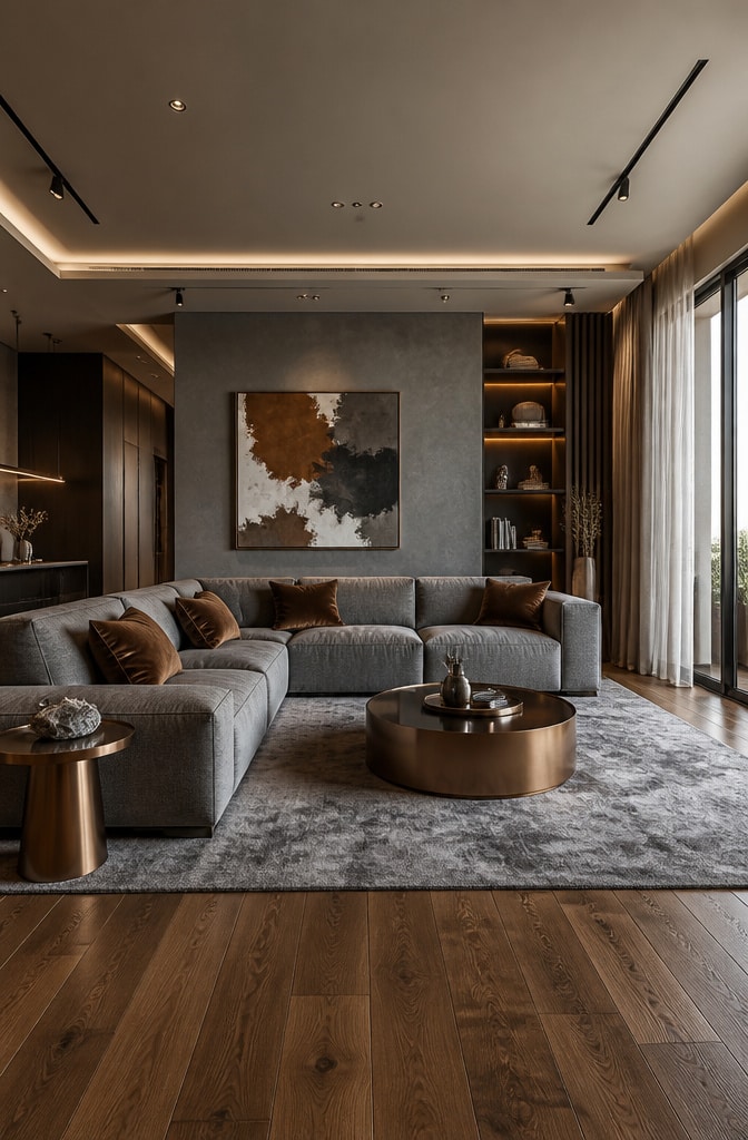 Contemporary Gray and Brown Living Room with Metallic Accents
