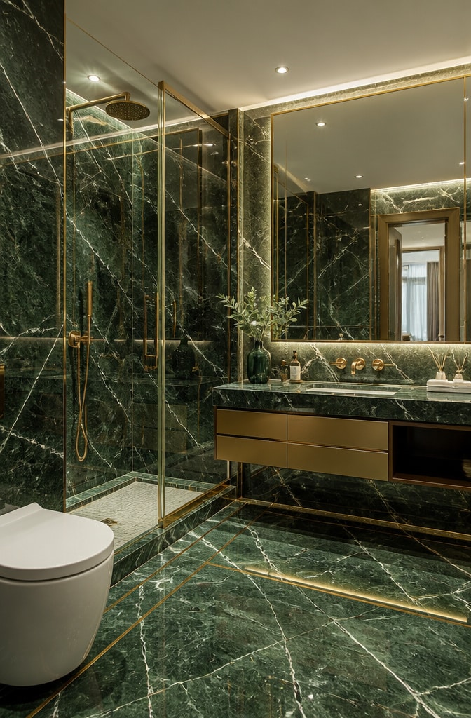 Contemporary Green Marble and Gold Accent Bathroom