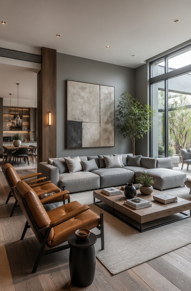 Contemporary Grey and Brown Living Room with Natural Accents