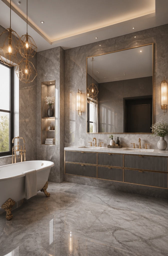 Contemporary Grey Marble Bathroom with Gold Accents