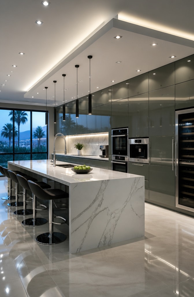 Contemporary High-Gloss Pewter Green Cabinets