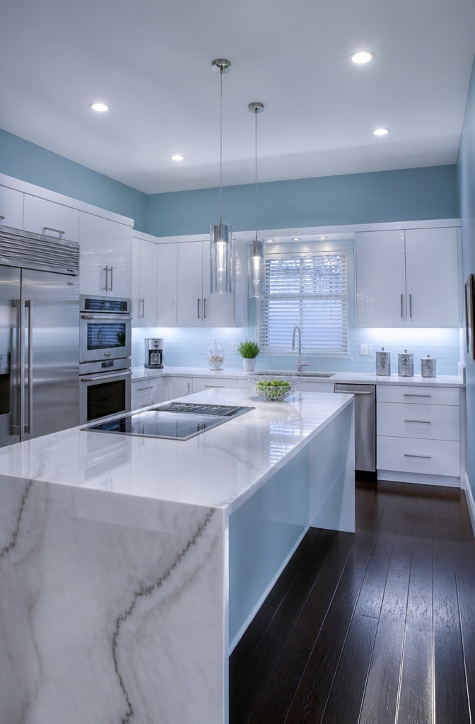 Contemporary Light Blue Kitchen with Metallic Accents