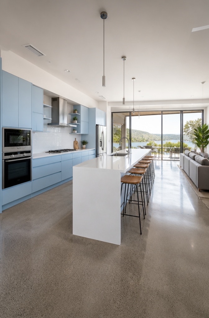 Contemporary Light Blue Open-Concept Kitchen