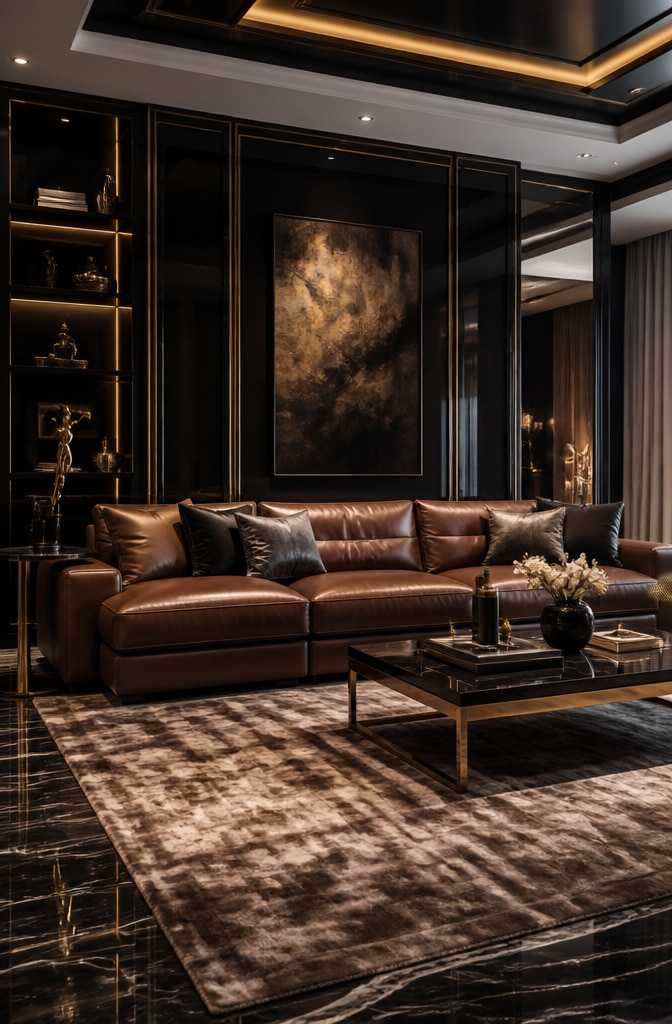 Contemporary Luxe Brown Leather Sofa Living Room