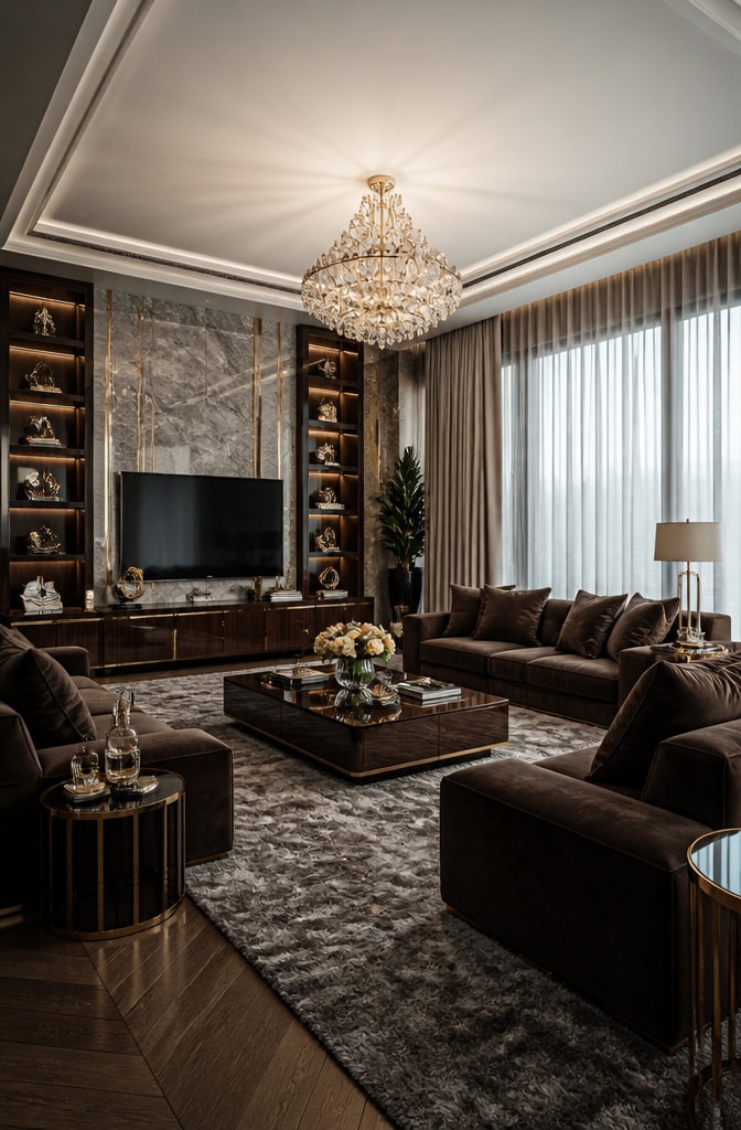 Contemporary Luxe Dark Brown and Grey Living Room