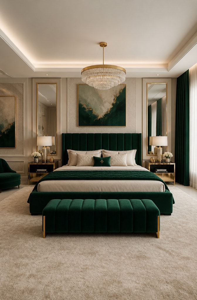 Contemporary Luxe Green and Beige Bedroom