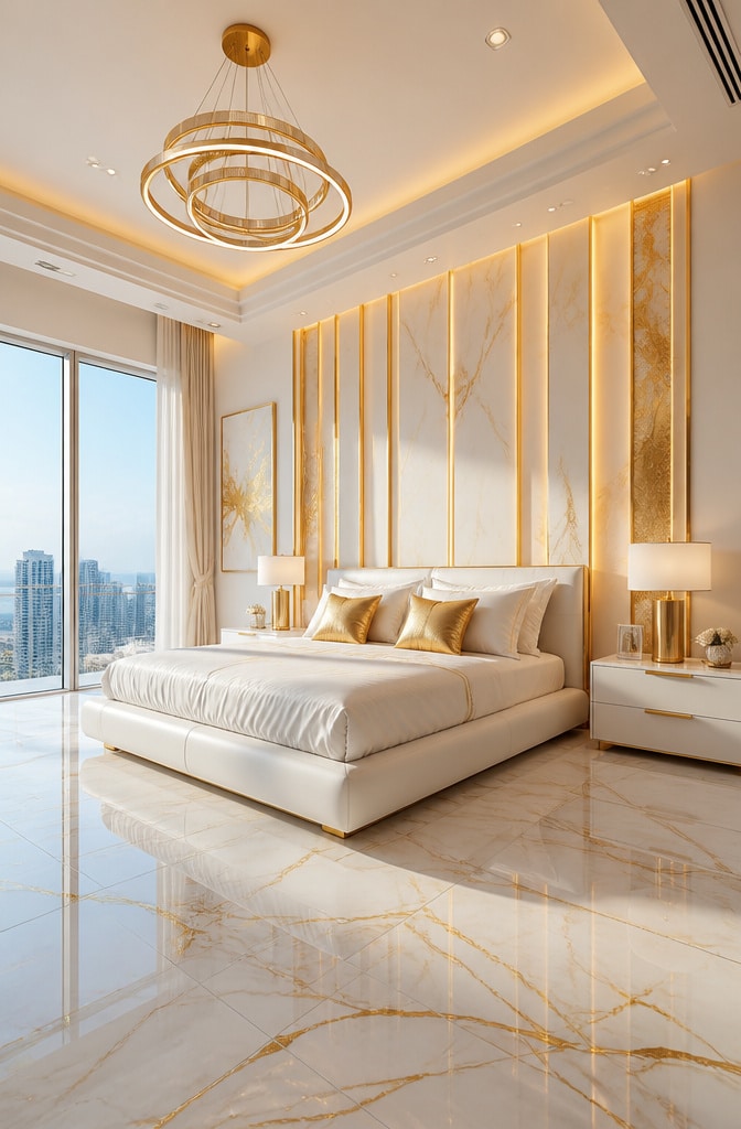 Contemporary Luxe White and Gold Bedroom