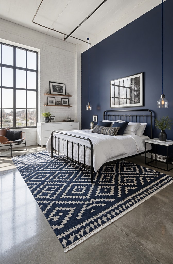 Contemporary Navy and White Urban Loft Bedroom