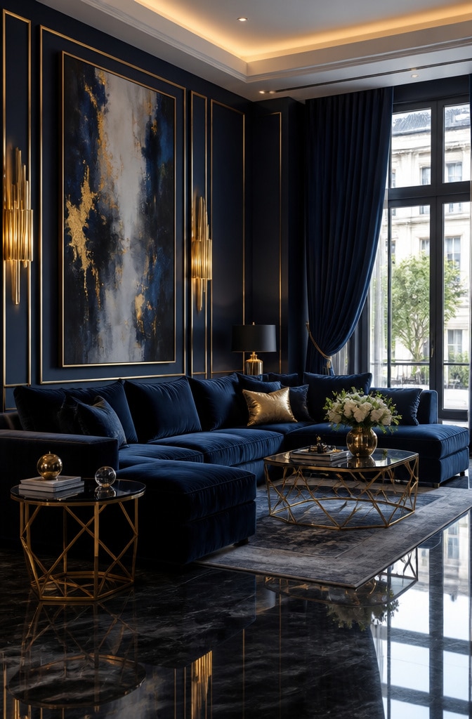 Contemporary Navy Blue and Gold Glam Living Room