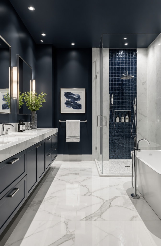 Contemporary Navy Blue and Marble Bathroom
