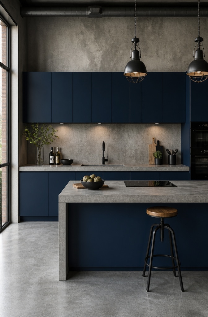 Contemporary Navy Blue Cabinets with Concrete Elements