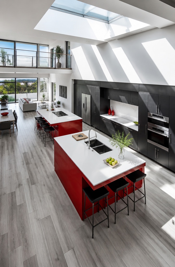 Contemporary Open-Concept Red and Black Kitchen