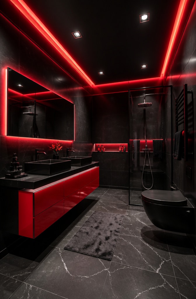 Contemporary Red and Black Bathroom with Neon Accents