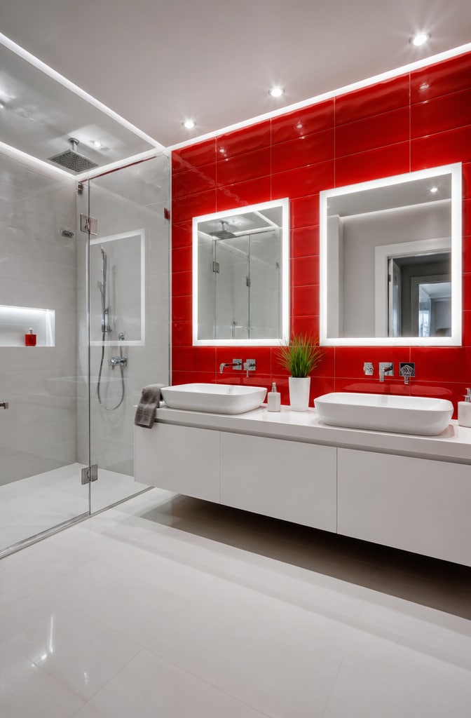 Contemporary Red Glossy Tile Bathroom