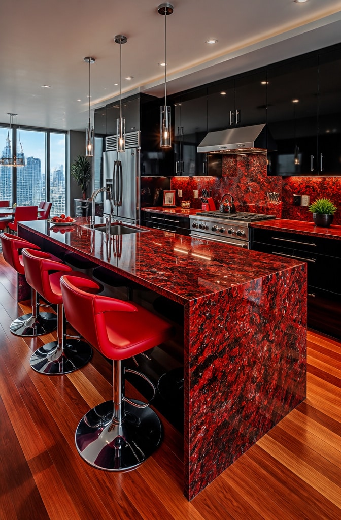 Contemporary Red Granite Kitchen with Bold Accents