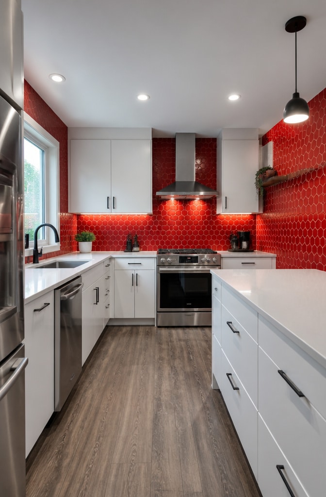 Contemporary Red Hexagonal Tile Kitchen