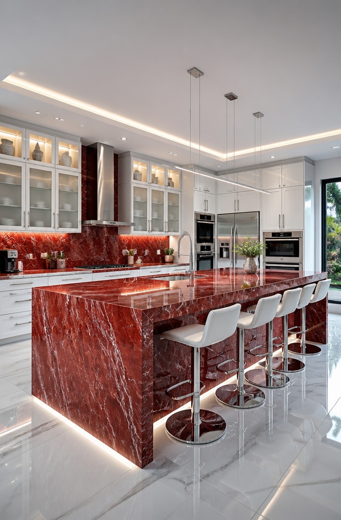 Contemporary Red Marble Kitchen with Glass Cabinets