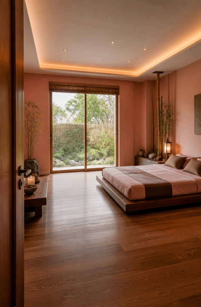 Contemporary Soft Pink and Brown Zen Bedroom
