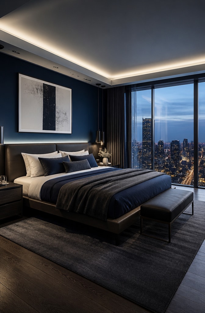 Contemporary Urban Blue and Brown Bedroom