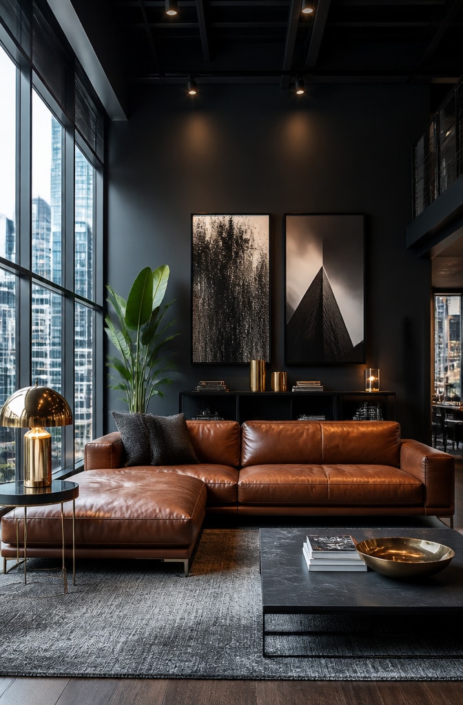 Contemporary Urban Brown Leather Sofa Living Room
