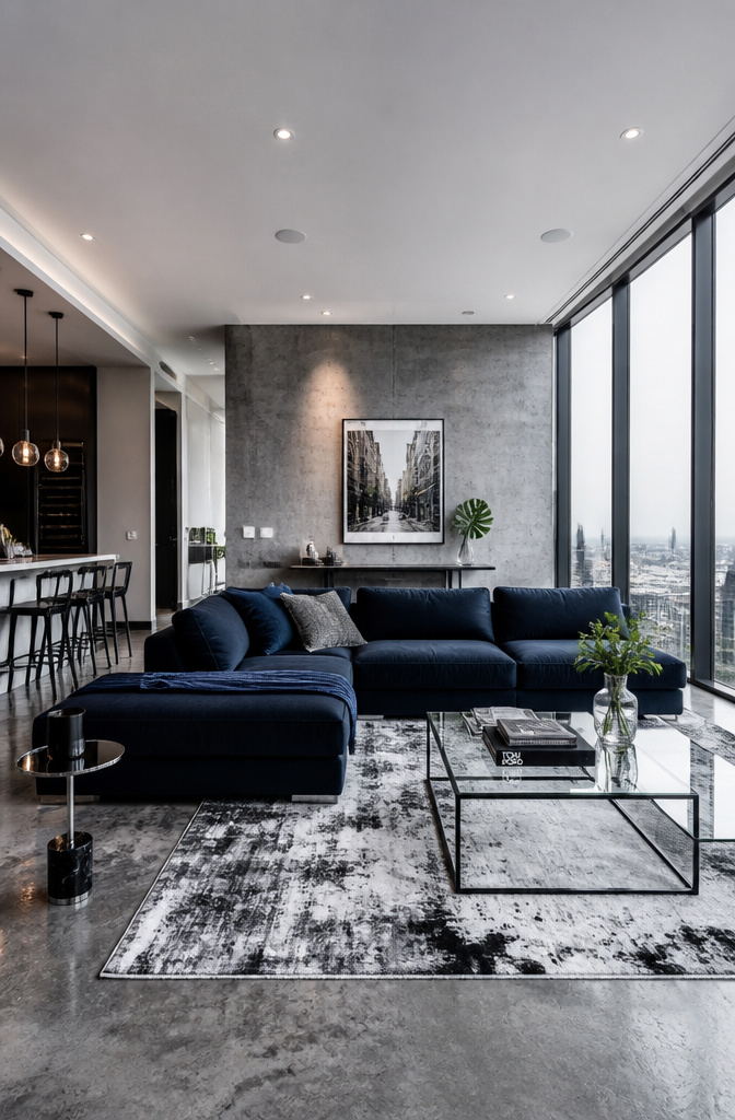 Contemporary Urban Dark Blue Sofa Living Room