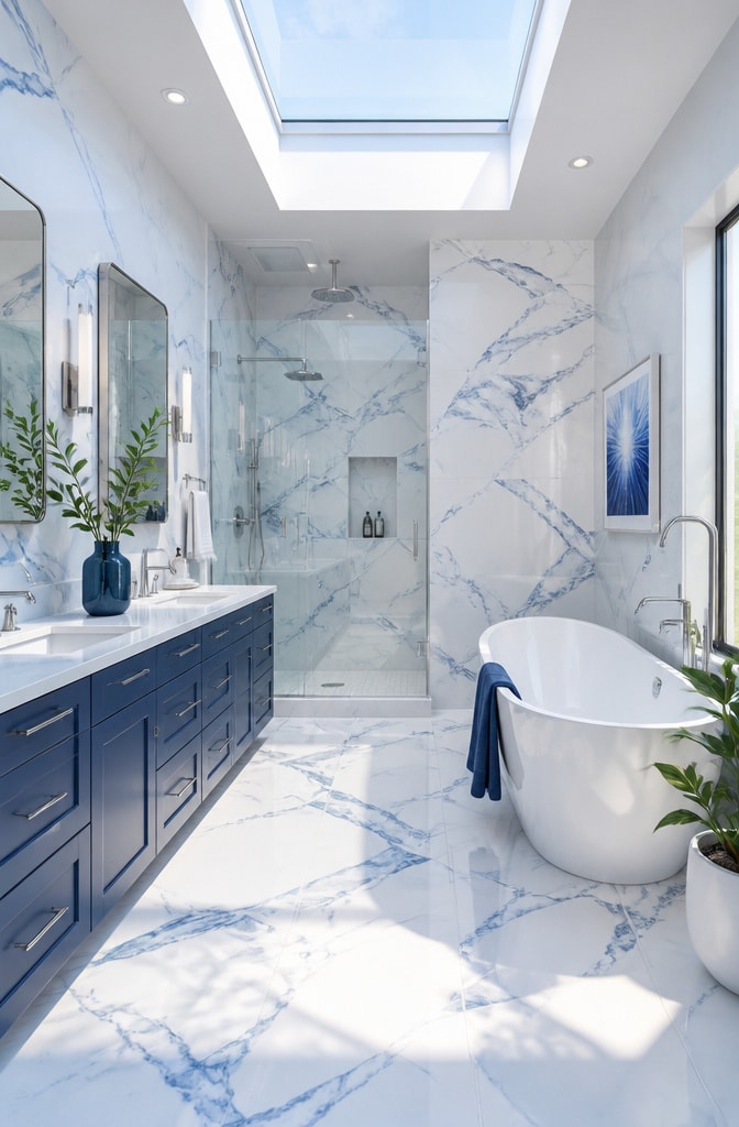 Contemporary White and Blue Marble Bathroom