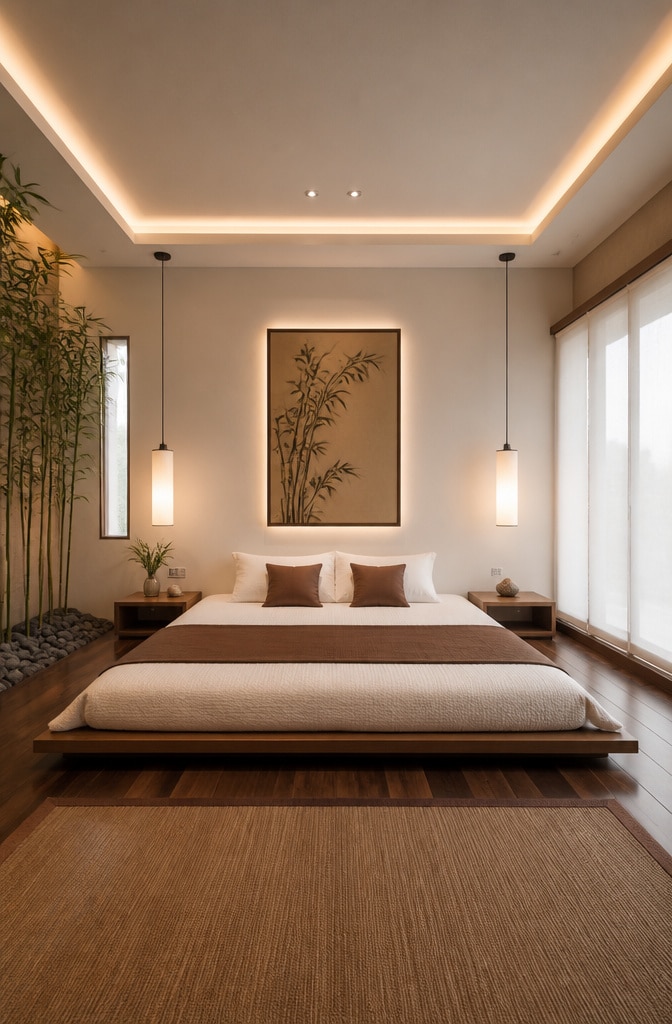 Contemporary White and Brown Zen Bedroom