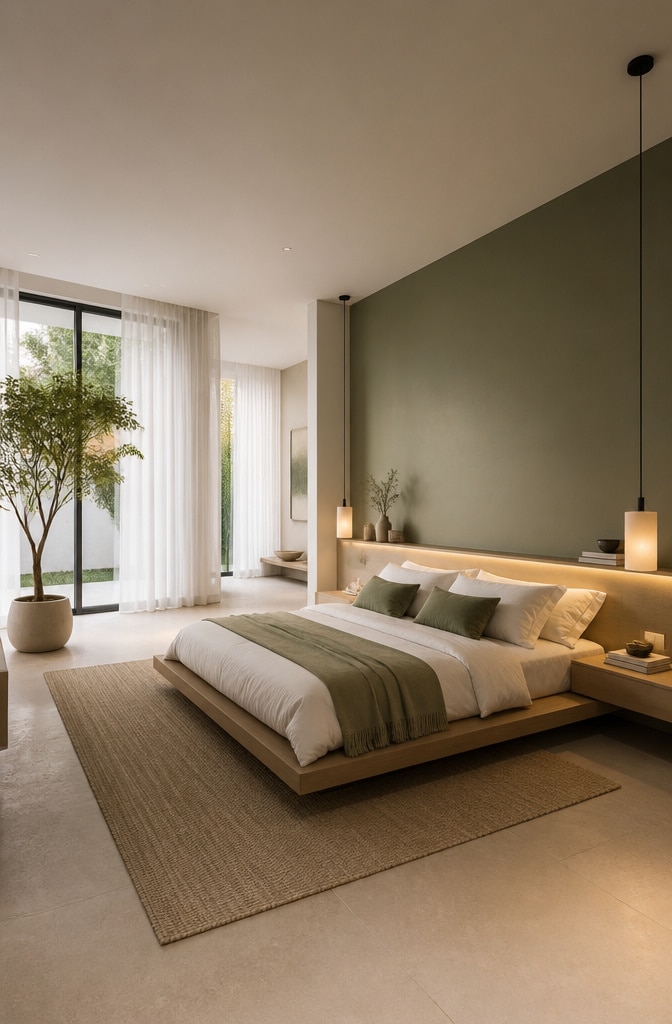 Contemporary White and Sage Green Zen Bedroom