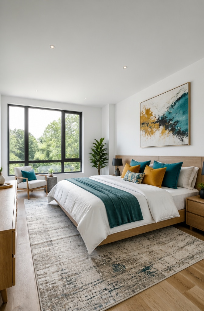 Contemporary White Comforter Bedroom with Pops of Color