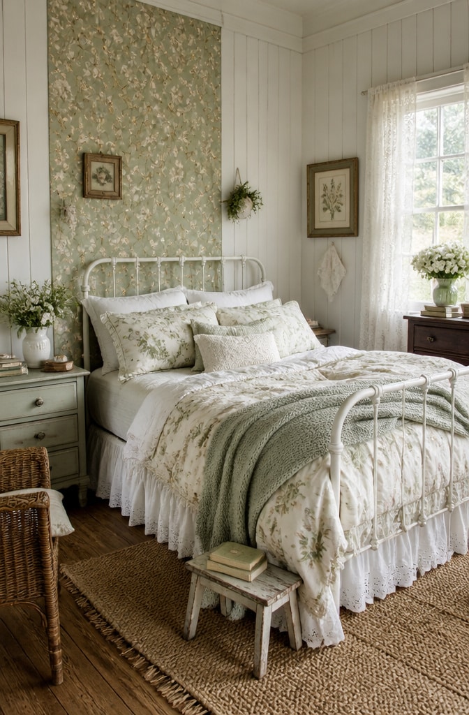 Cottagecore White and Sage Green Bedroom