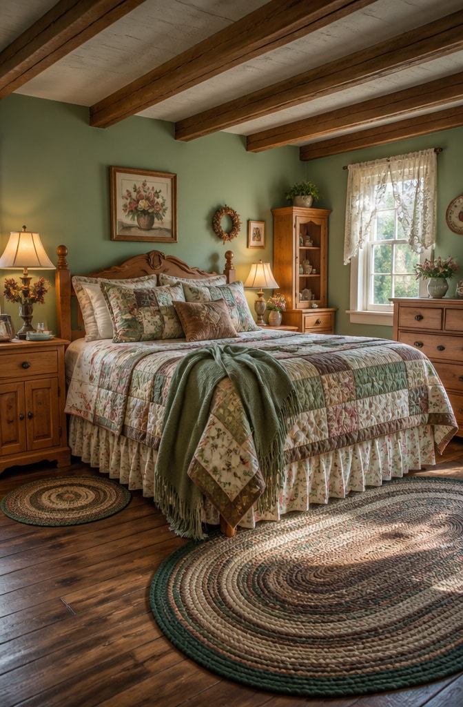 Country Cottage Brown Pine and Mint Green Bedroom