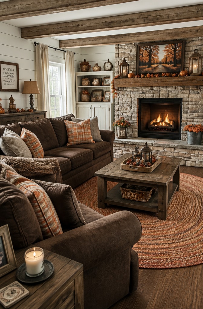 Cozy Farmhouse Brown and Orange Living Room