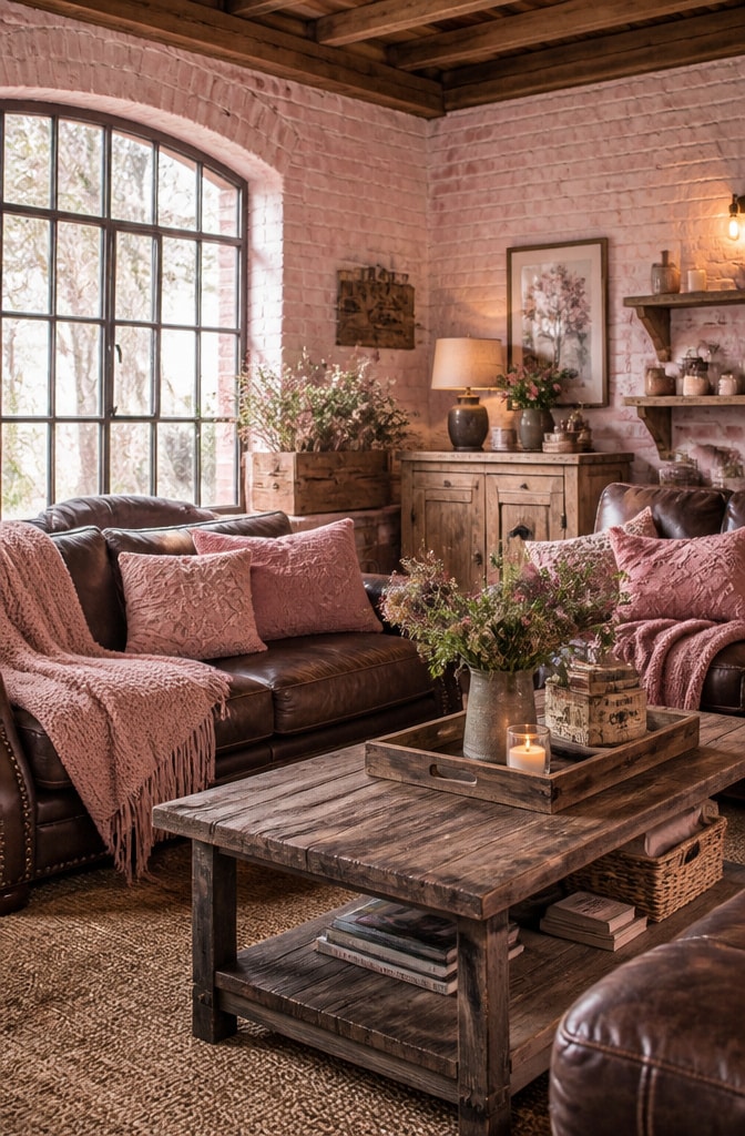 Cozy Farmhouse Brown and Pink Living Room