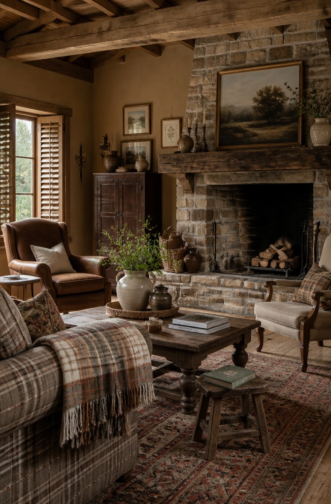 Cozy Farmhouse Brown Walls Living Room
